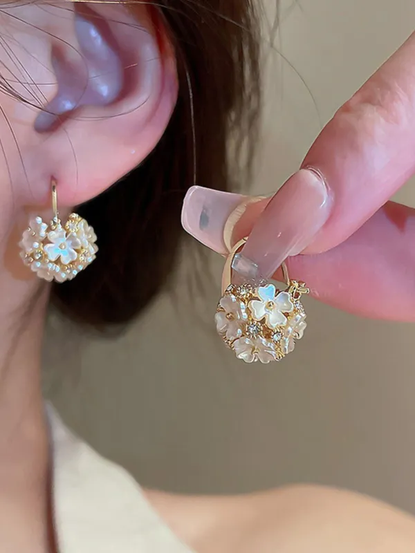 White Vintage Flower Cluster Crystal Huggie Earrings made by Retro Stage