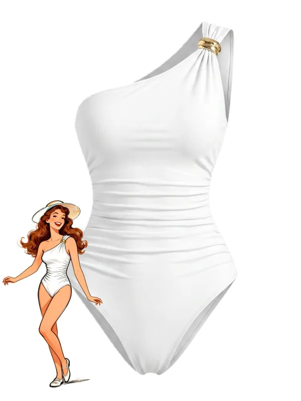 White 1970s One-Shoulder Ruched One-Piece Swimsuit made by Retro Stage