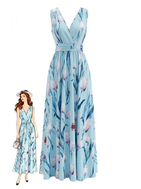 Blue 1930s Floral V-Neck Maxi Dress made by Retro Stage
