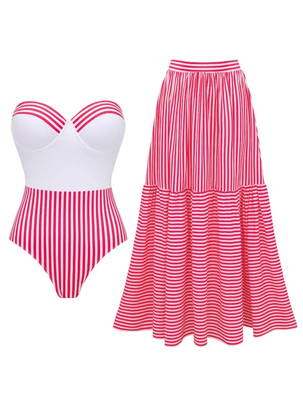 2PCS Pink 1940s Striped Strapless One-Piece Swimsuit & Cover-Up made by Retro Stage