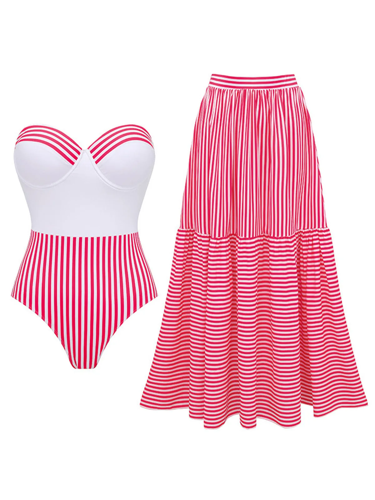 2PCS Pink 1940s Striped Strapless One-Piece Swimsuit & Cover-Up sold by Retro Stage