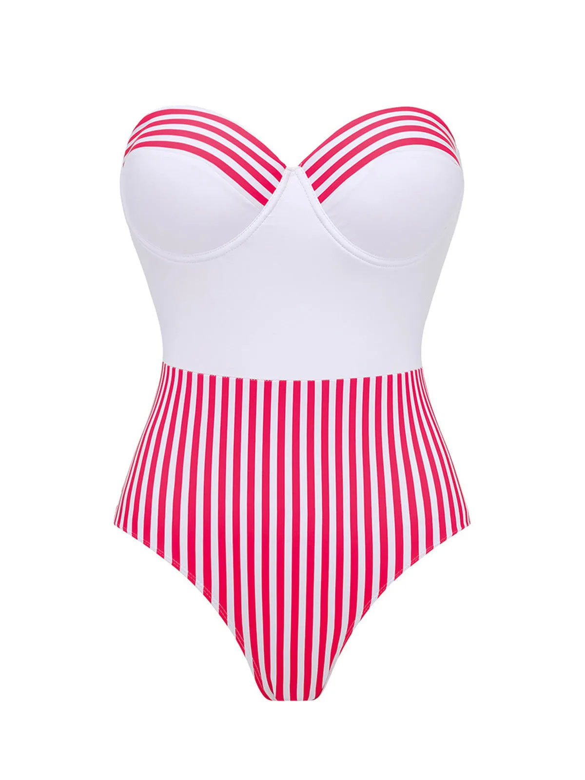2PCS Pink 1940s Striped Strapless One-Piece Swimsuit & Cover-Up sold by Retro Stage product image thumbnail 2