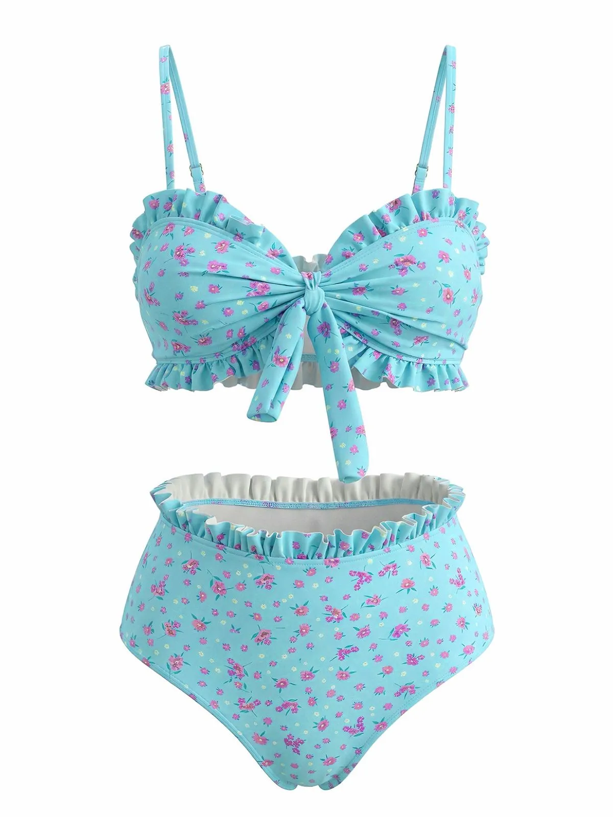 Turquoise 1950s Floral Ruffle Tie-Front High-Waist Bikini Set sold by Retro Stage product image thumbnail 2