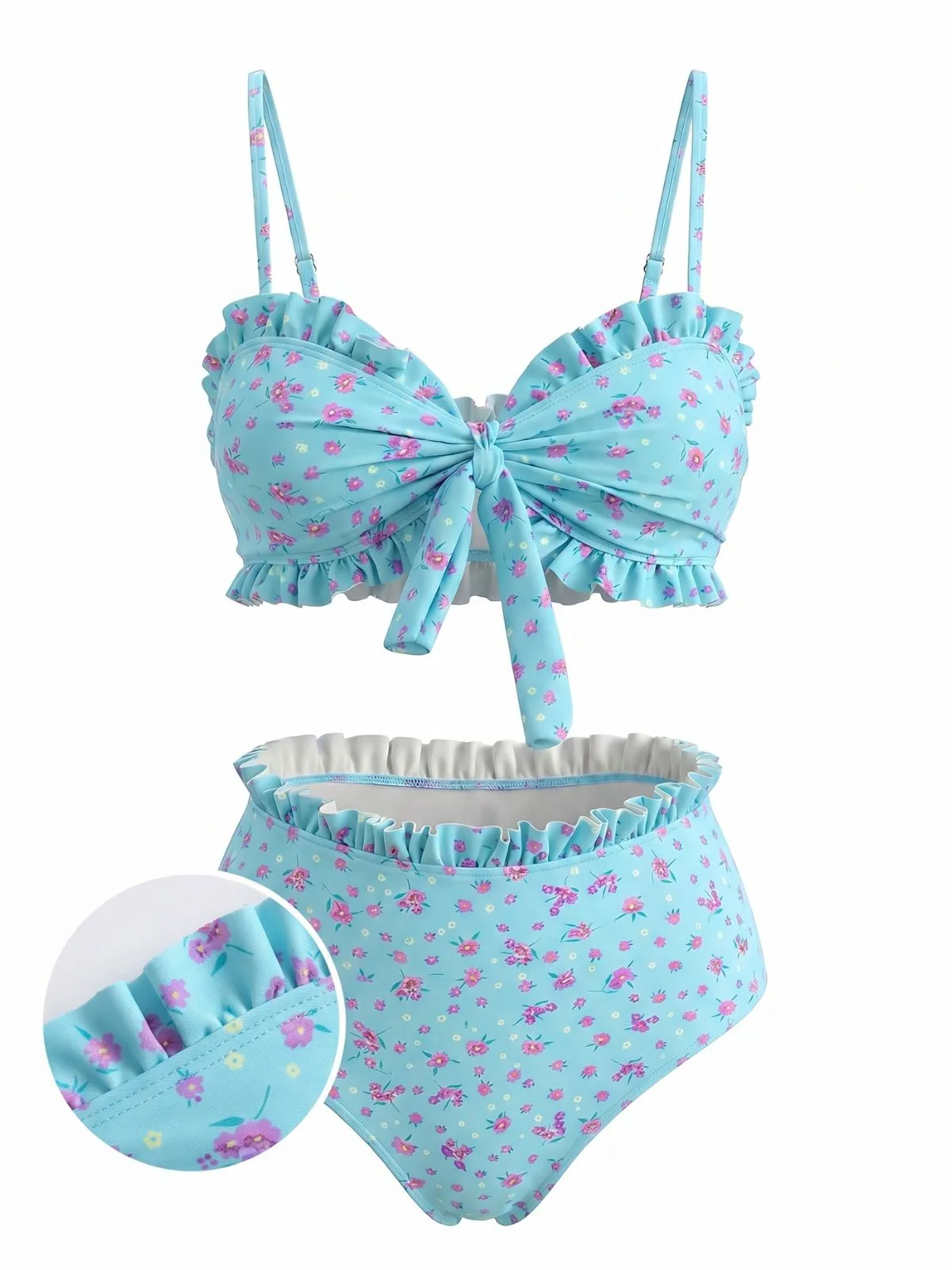 Turquoise 1950s Floral Ruffle Tie-Front High-Waist Bikini Set sold by Retro Stage