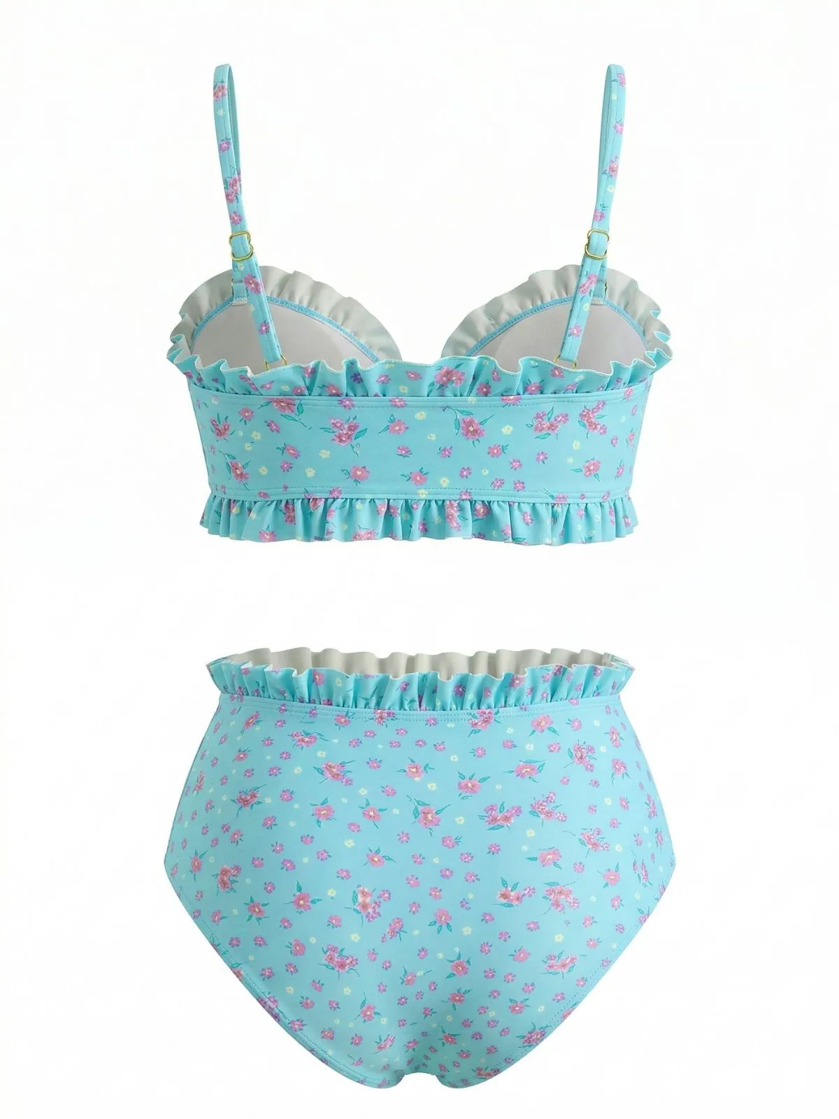 Turquoise 1950s Floral Ruffle Tie-Front High-Waist Bikini Set sold by Retro Stage product image thumbnail 3