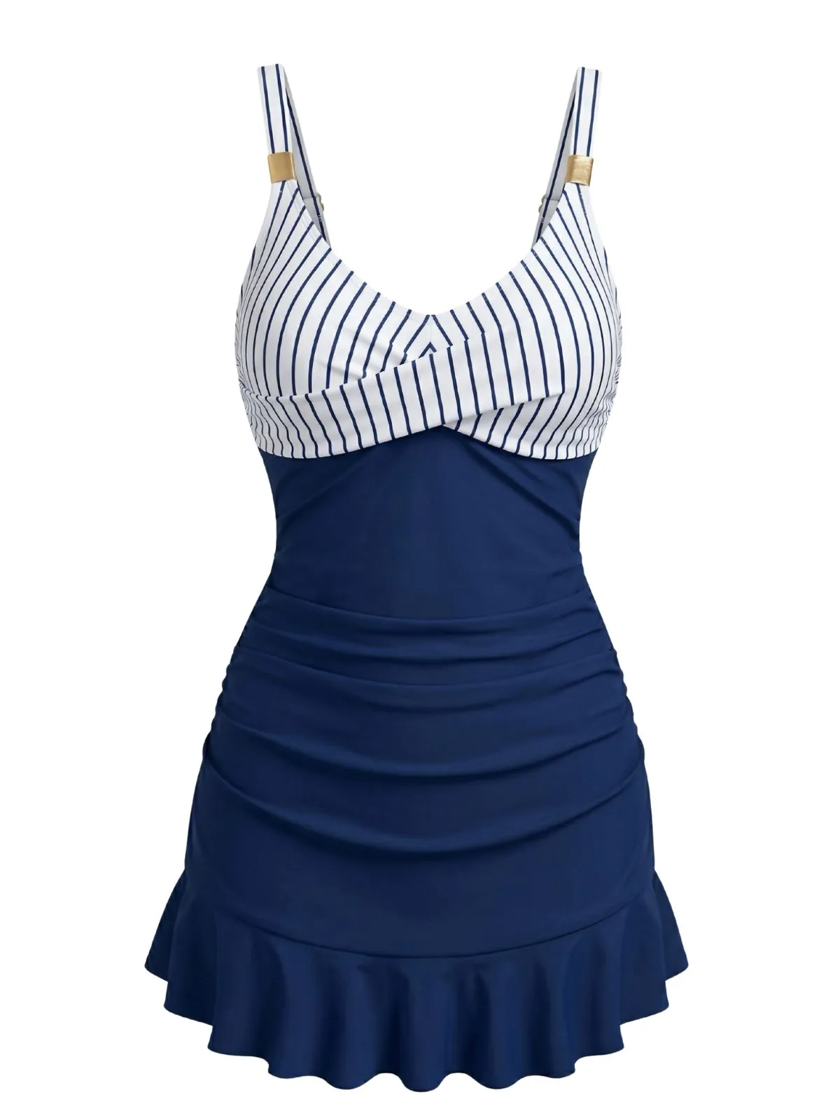 Blue 1940s Striped Ruched Tummy-Control Swimsuit sold by Retro Stage product image thumbnail 2