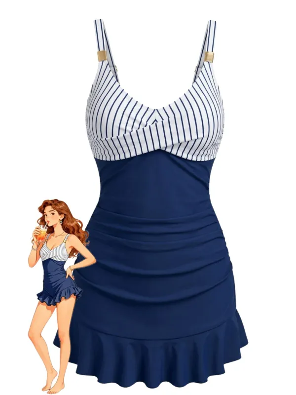 Blue 1940s Striped Ruched Tummy-Control Swimsuit made by Retro Stage