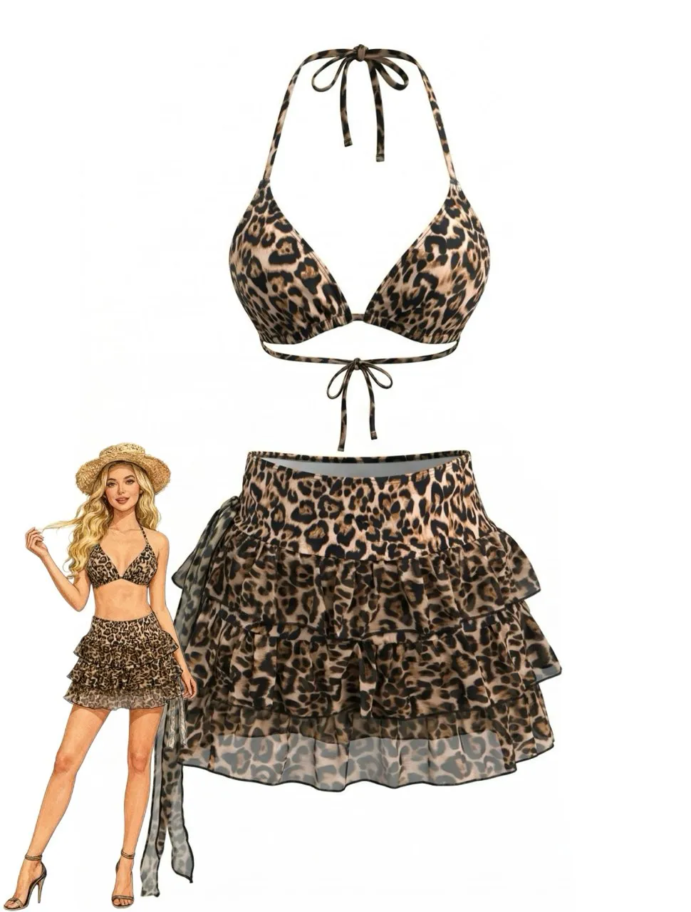 Light Coffee 1980s Leopard Bikini Set & Pleated Cover-Up sold by Retro Stage