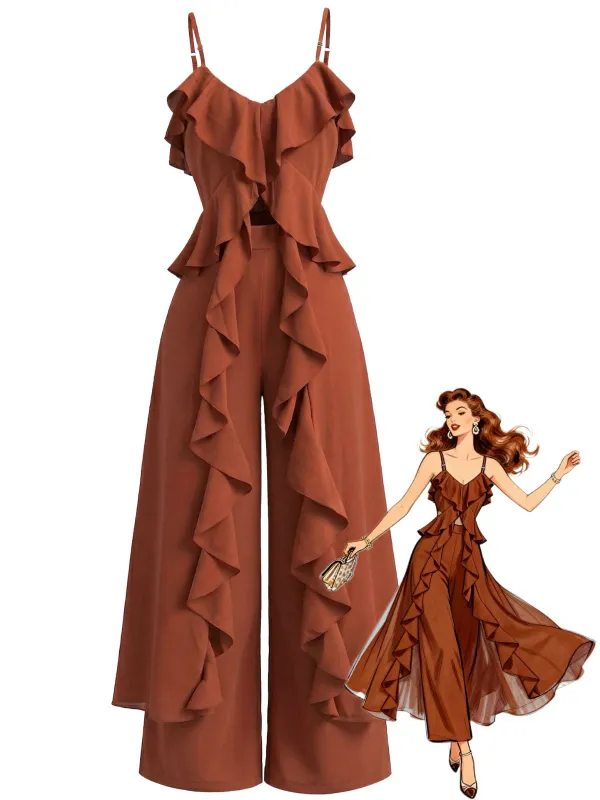 2PCS 1970s Cascading Ruffle Cami Top & Pants made by Retro Stage