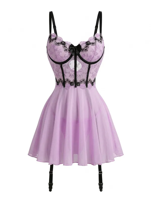 Lavender 1960s Embroidered Lace Trim Garter Bustier Lingerie made by Retro Stage