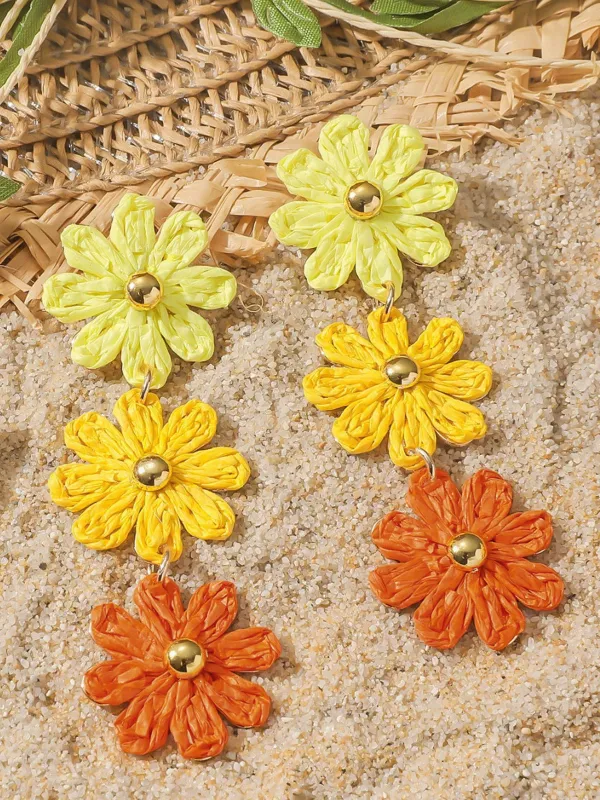 Ombre Raffia Woven Daisy Triple Drop Earrings made by Retro Stage