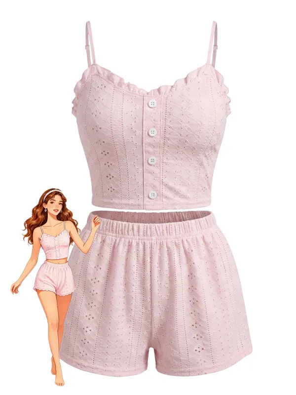 1950s Eyelet Ruffle Spaghetti Strap Button Pajama Set made by Retro Stage