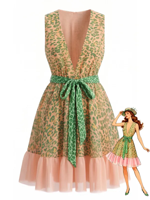 Green 1950s Leopard Sleeveless V-Neck Tie-Waist Tulle Dress made by Retro Stage