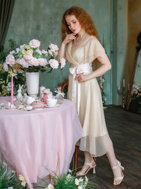 Champagne 1950s Satin Belt Tulle Cocktail Dress made by Retro Stage
