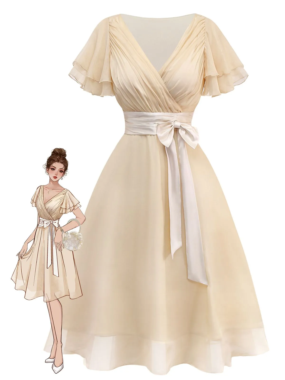Champagne 1950s Satin Belt Tulle Cocktail Dress sold by Retro Stage product image thumbnail 4