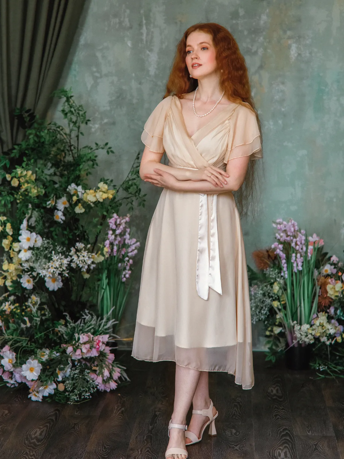 Champagne 1950s Satin Belt Tulle Cocktail Dress sold by Retro Stage product image thumbnail 3