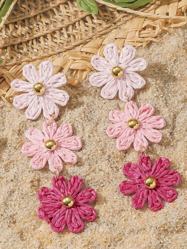Pink Ombre Raffia Woven Daisy Triple Drop Earrings made by Retro Stage