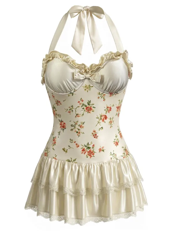 [Pre-Sale] Apricot 1940s Ditsy Floral Halter One-Piece Swimdress made by Retro Stage