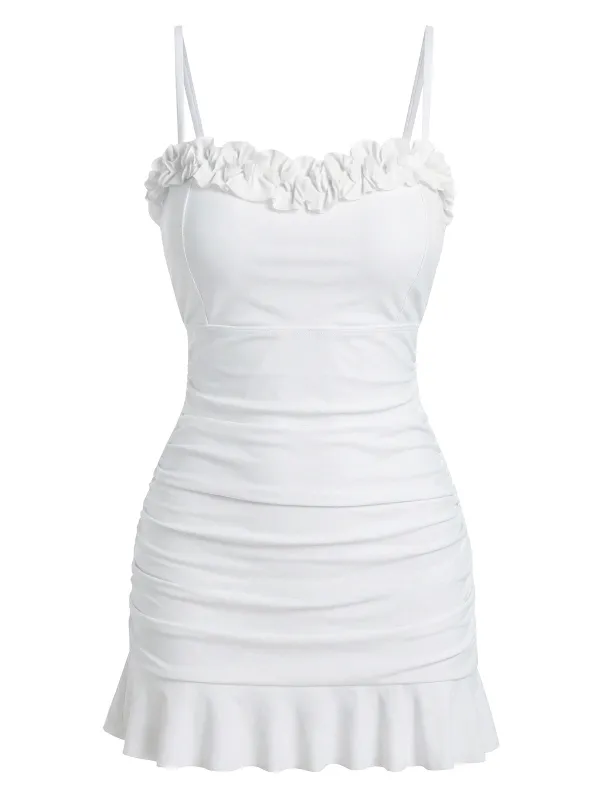 [Pre-Sale] White 1960s Ruffle Collar Fitted Ruched Swimsuit made by Retro Stage