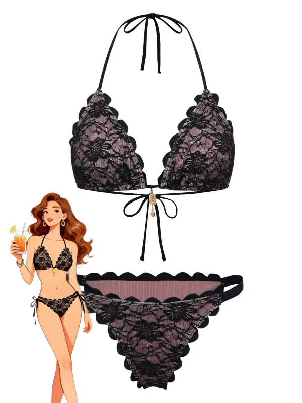 Black 1940s Lace Halter Backless Bikini Set made by Retro Stage