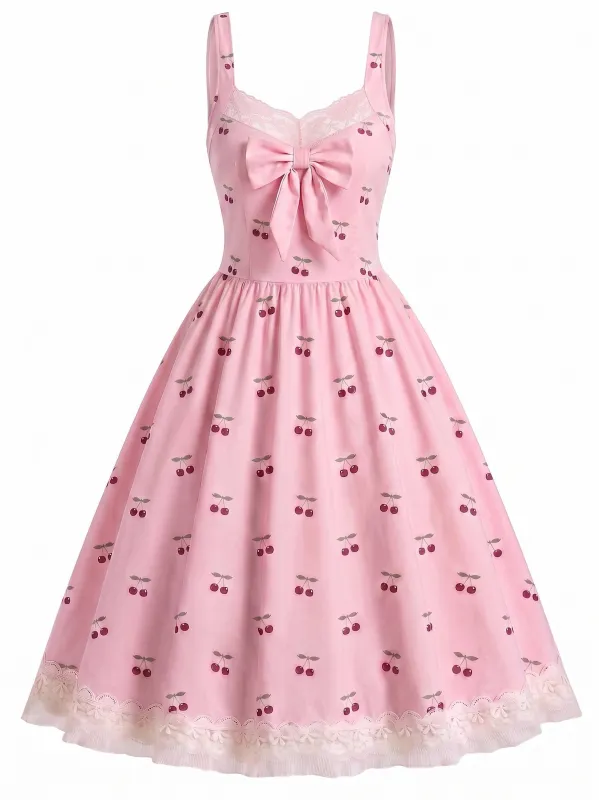 [Pre-Sale] Pink 1950s Cherry Lace Bow Swing Dress made by Retro Stage