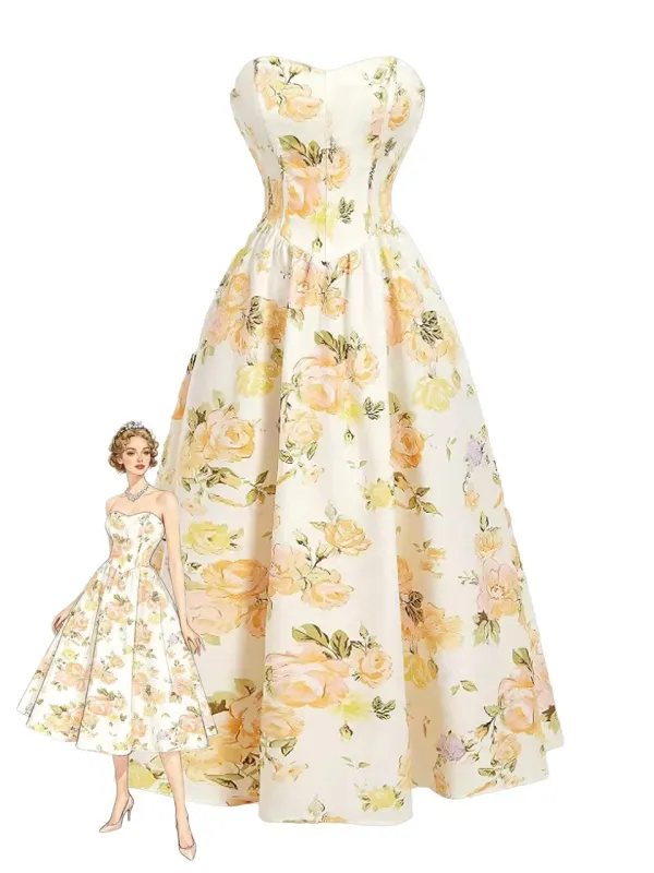 Yellow 1930s Floral Strapless Maxi Dress made by Retro Stage
