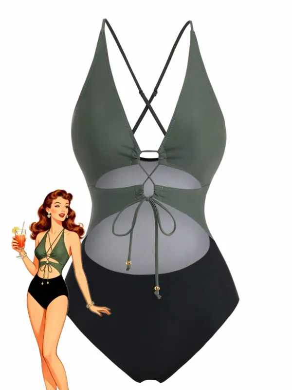 1960s Cutout Lace-Up Plunging One-Piece Swimsuit made by Retro Stage