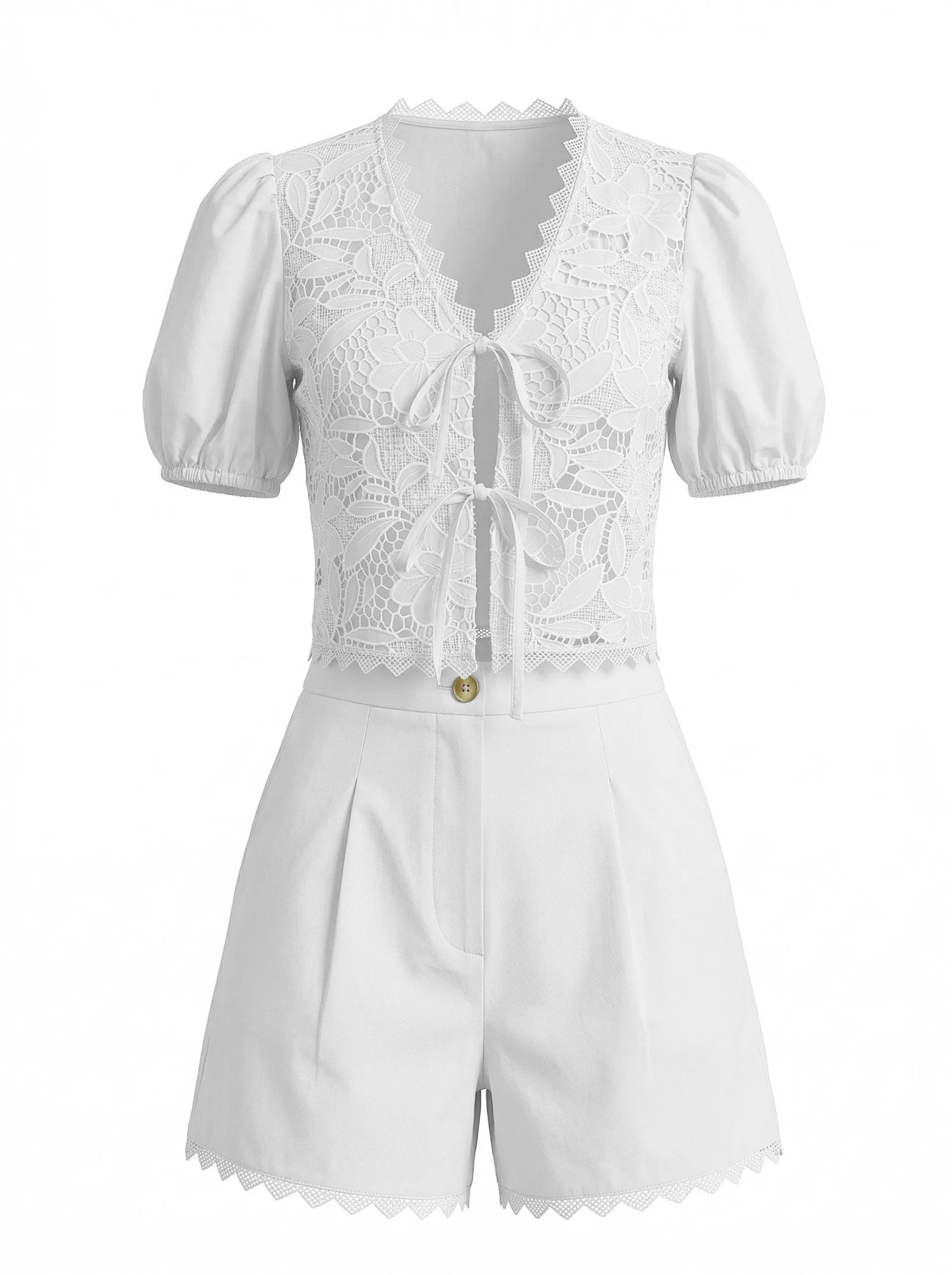 2PCS 1950s Cotton Lace Puff Sleeve Tie-Front Top & Shorts sold by Retro Stage product image thumbnail 4
