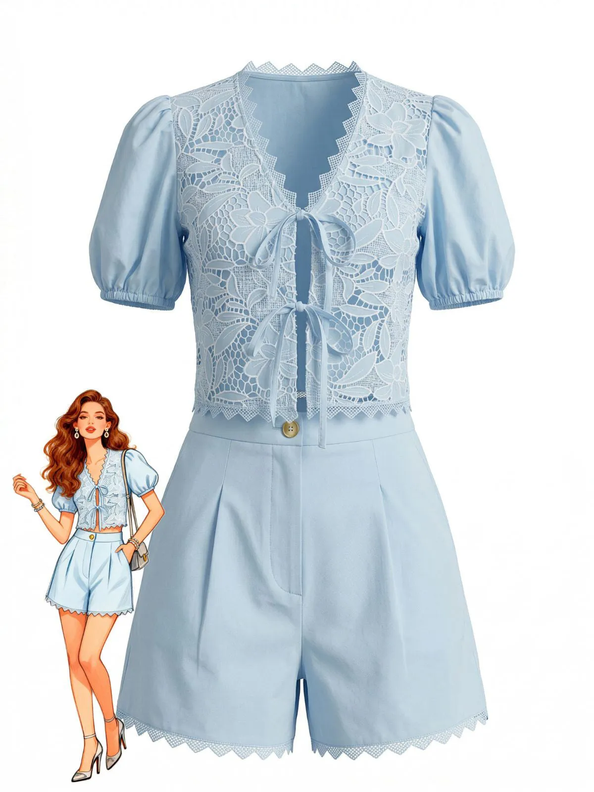 2PCS 1950s Cotton Lace Puff Sleeve Tie-Front Top & Shorts sold by Retro Stage