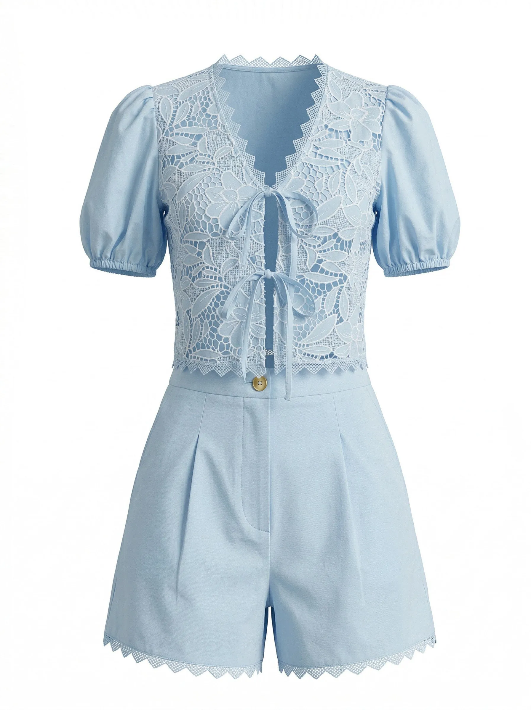 2PCS 1950s Cotton Lace Puff Sleeve Tie-Front Top & Shorts sold by Retro Stage product image thumbnail 2