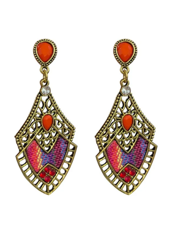 Multicolor Bohemian Filigree Plaid Fabric Rhinestone Drop Earrings made by Retro Stage