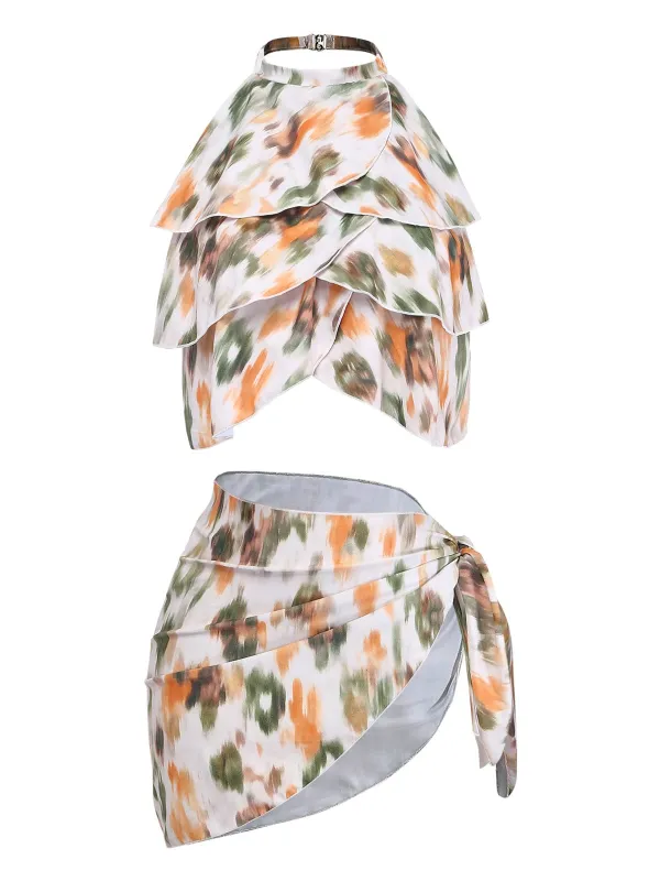 4PCS 1980s Floral Halter Tie Asymmetric Bikini Set & Cover Up made by Retro Stage