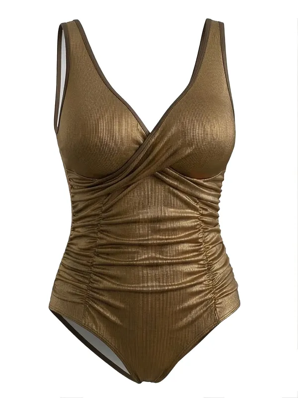 [Plus Size] Gold 1980s Solid Plunging Ruched Swimsuit made by Retro Stage