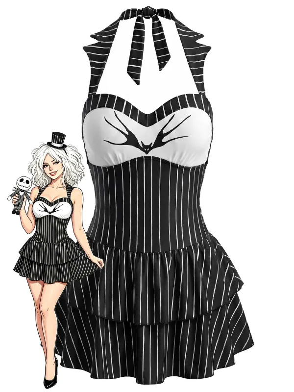 Black 1950s Gothic Bat Pinstripe Halter Swim Dress made by Retro Stage