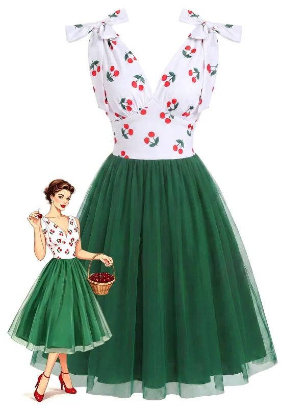 [Pre-Sale] Dark Green 1950s Cherry Print Mesh Colorblock Dress made by Retro Stage