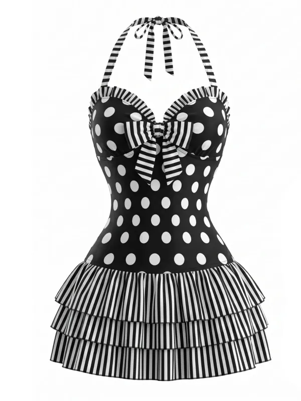Black 1940s Polka Dot Bow Halter One-Piece Swimdress made by Retro Stage