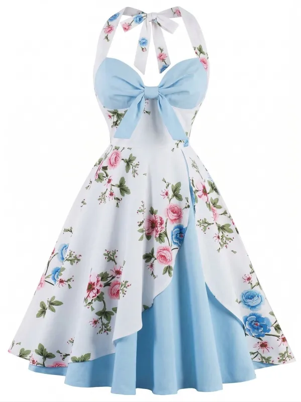 [Pre-Sale] Sky Blue 1950s Halter Floral Swing Dress made by Retro Stage