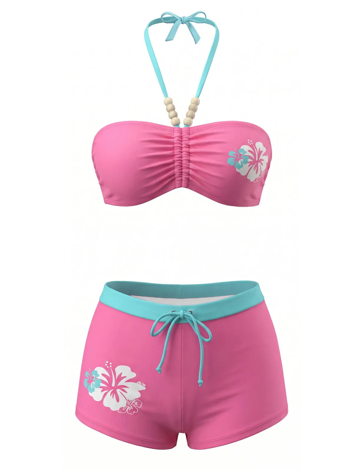 Pink 1980s Floral Print Halter Ruched Front Bikini Set sold by Retro Stage product image thumbnail 2