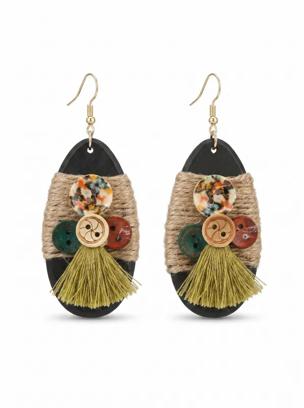 Boho Wooden Button Tassel Drop Earrings made by Retro Stage