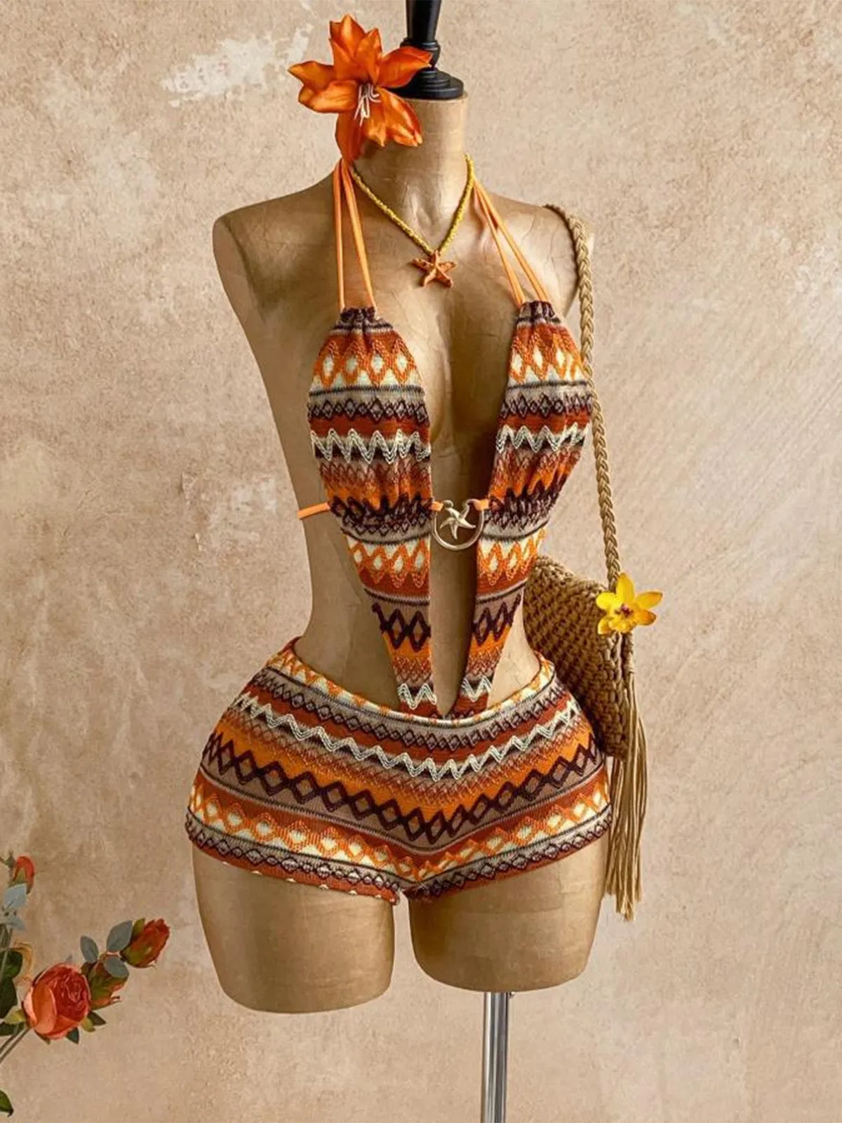 Vintage 1980s Irregular Print Plunging Boho Swimsuit sold by Retro Stage product image thumbnail 5