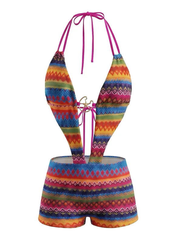 Vintage 1980s Irregular Print Plunging Boho Swimsuit made by Retro Stage