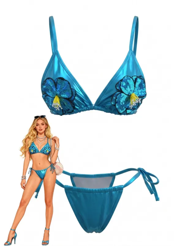 Sky Blue 1980s Sequined 3D Floral Bikini Set made by Retro Stage