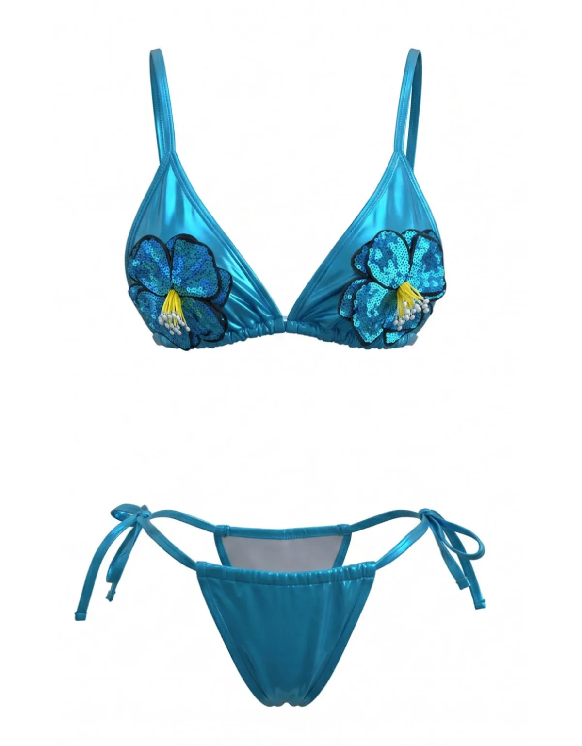Sky Blue 1980s Sequined 3D Floral Bikini Set sold by Retro Stage product image thumbnail 2