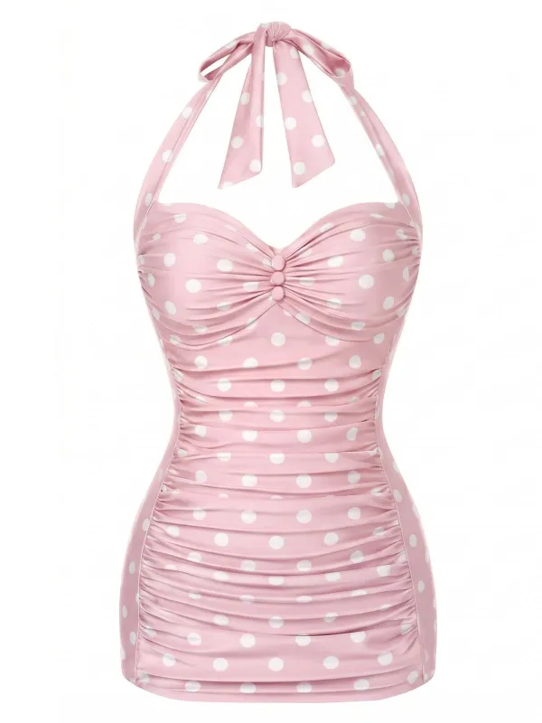 [Pre-Sale] Pink 1950s Polka Dots Gathered Halter Swimsuit made by Retro Stage