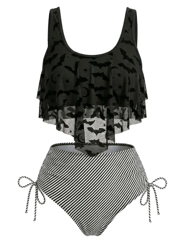 1970s Gothic Mesh Striped Bat Print Tankini Set made by Retro Stage