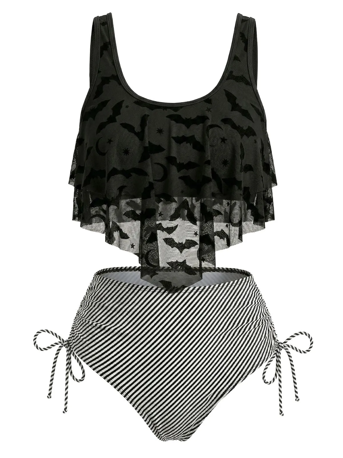 1970s Gothic Mesh Striped Bat Print Tankini Set sold by Retro Stage