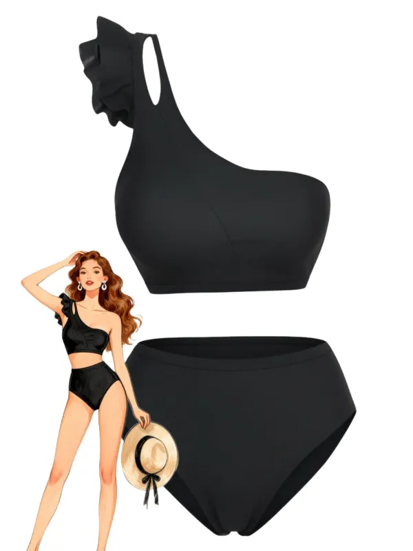 Black 1960s One-Shoulder Ruffle High-Waist Tankini Set made by Retro Stage