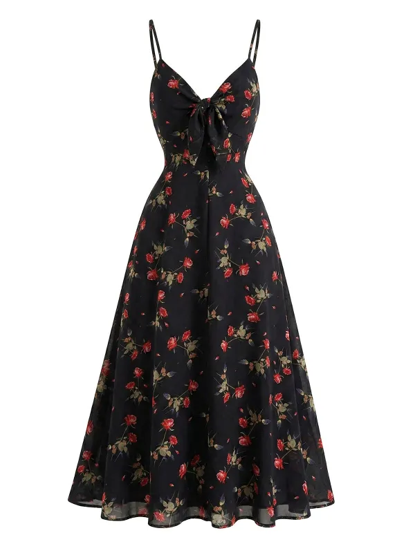 [Pre-Sale] Black 1930s Rose V-Neck Bohemian Slip Dress made by Retro Stage