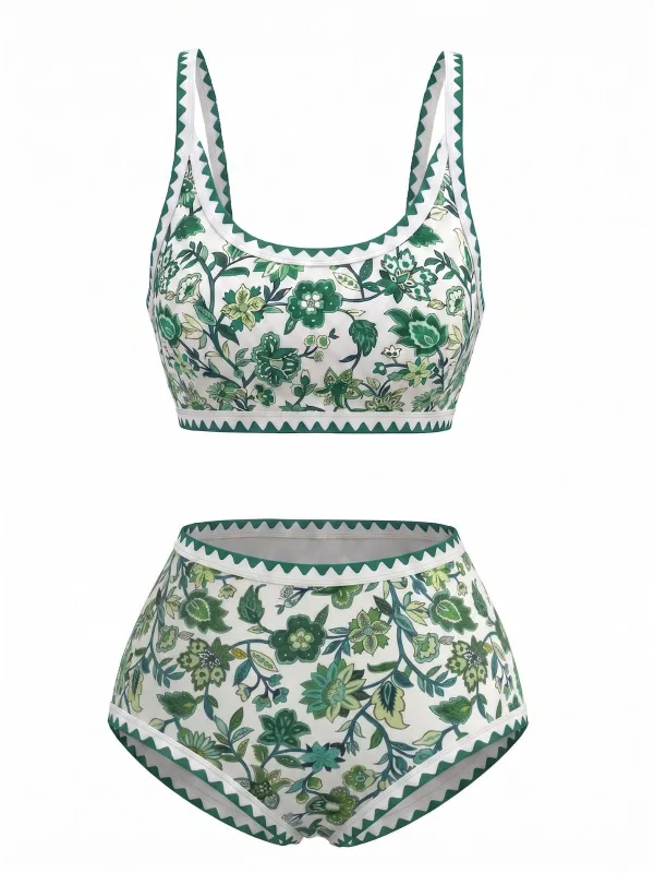 Green 1950s Scoop Neck Floral High-Waist Bikini Set made by Retro Stage
