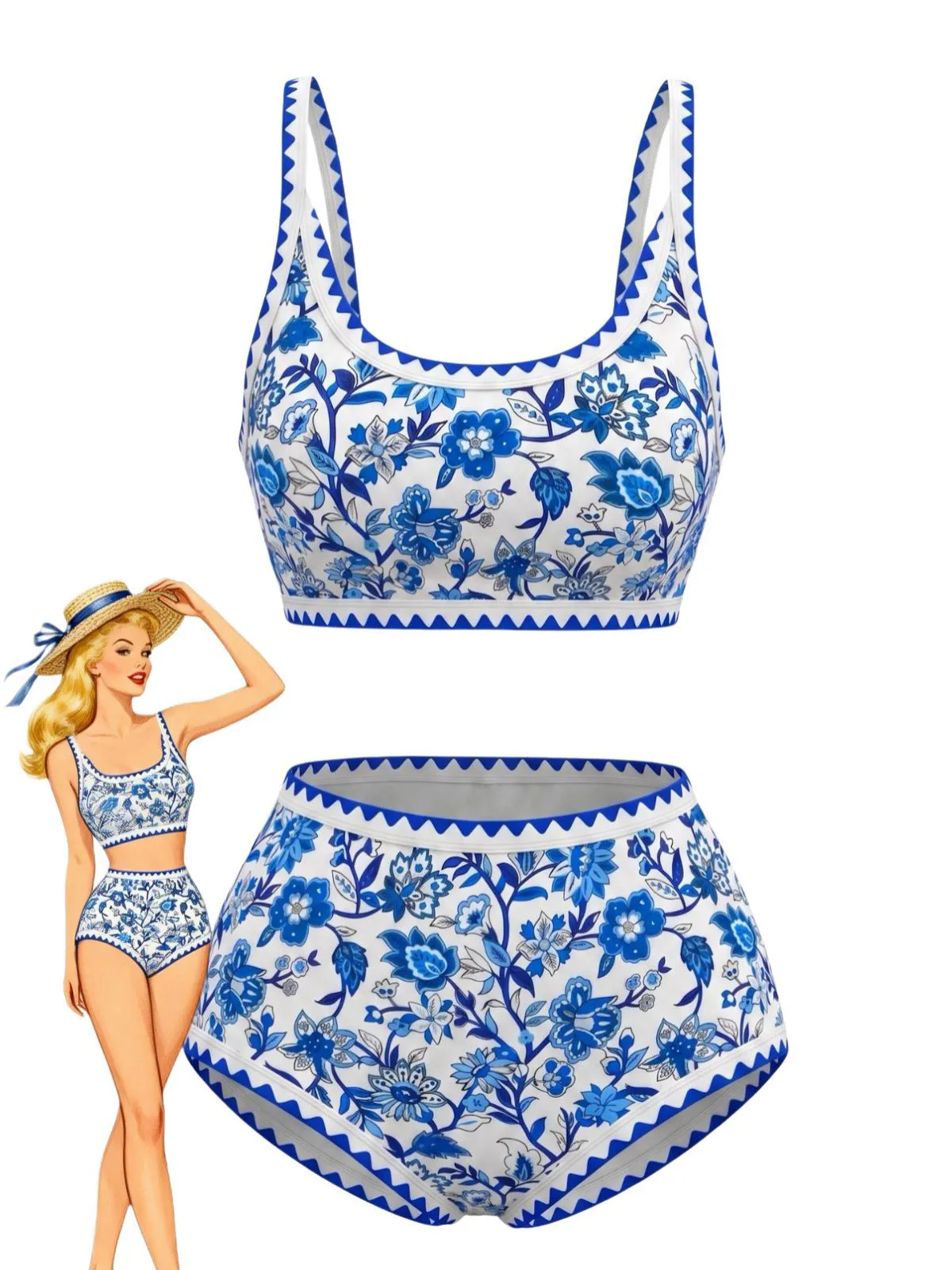 Pink 1950s Scoop Neck Floral High-Waist Bikini Set sold by Retro Stage product image thumbnail 5